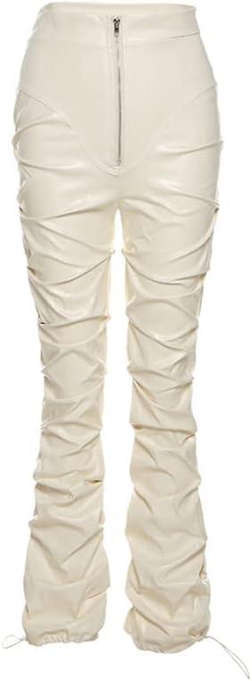 imageSumleno High Waist Stacked Pants for Women Faux Leather Ruffle Ruched Leggings Y2k Black Pleated Sexy Aesthetic StreetwearBeige
