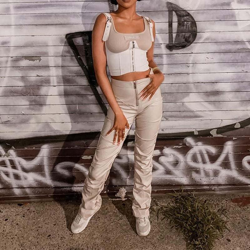 imageSumleno High Waist Stacked Pants for Women Faux Leather Ruffle Ruched Leggings Y2k Black Pleated Sexy Aesthetic StreetwearBeige