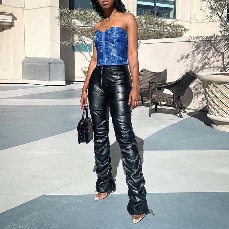 imageSumleno High Waist Stacked Pants for Women Faux Leather Ruffle Ruched Leggings Y2k Black Pleated Sexy Aesthetic StreetwearBlack