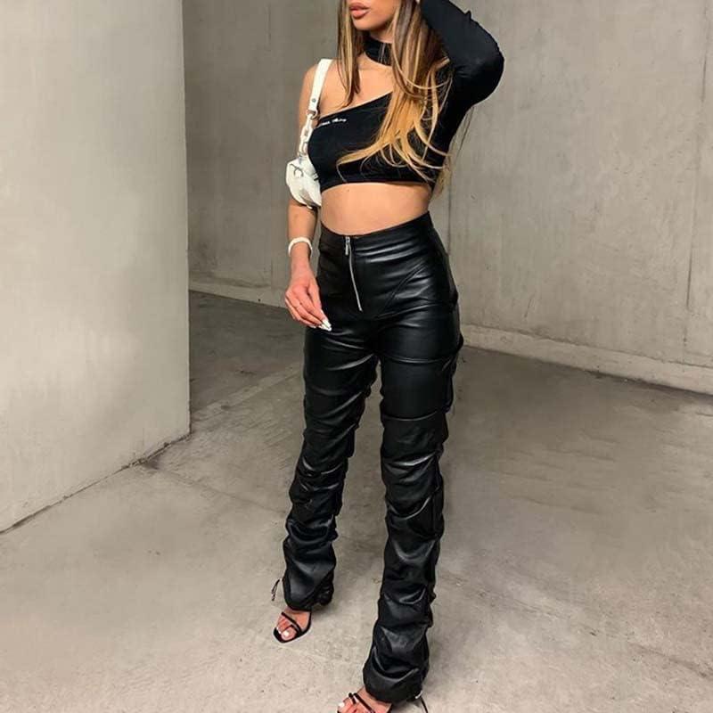 imageSumleno High Waist Stacked Pants for Women Faux Leather Ruffle Ruched Leggings Y2k Black Pleated Sexy Aesthetic StreetwearBlack