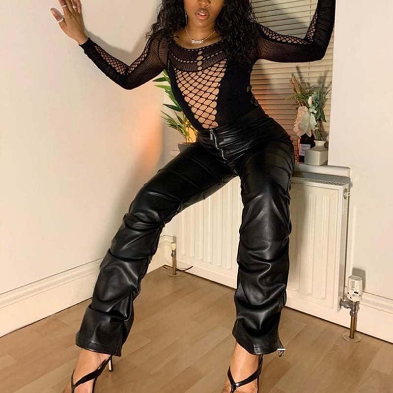imageSumleno High Waist Stacked Pants for Women Faux Leather Ruffle Ruched Leggings Y2k Black Pleated Sexy Aesthetic StreetwearBlack