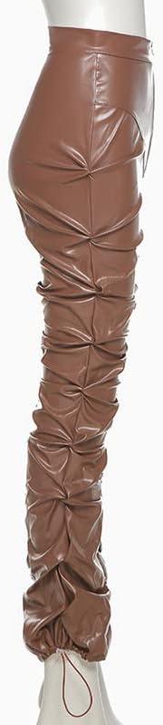imageSumleno High Waist Stacked Pants for Women Faux Leather Ruffle Ruched Leggings Y2k Black Pleated Sexy Aesthetic StreetwearBrown