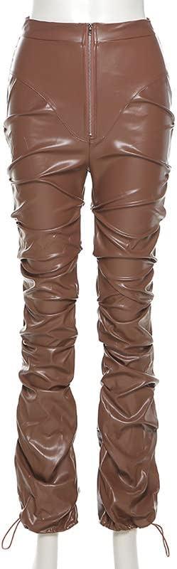 imageSumleno High Waist Stacked Pants for Women Faux Leather Ruffle Ruched Leggings Y2k Black Pleated Sexy Aesthetic StreetwearBrown