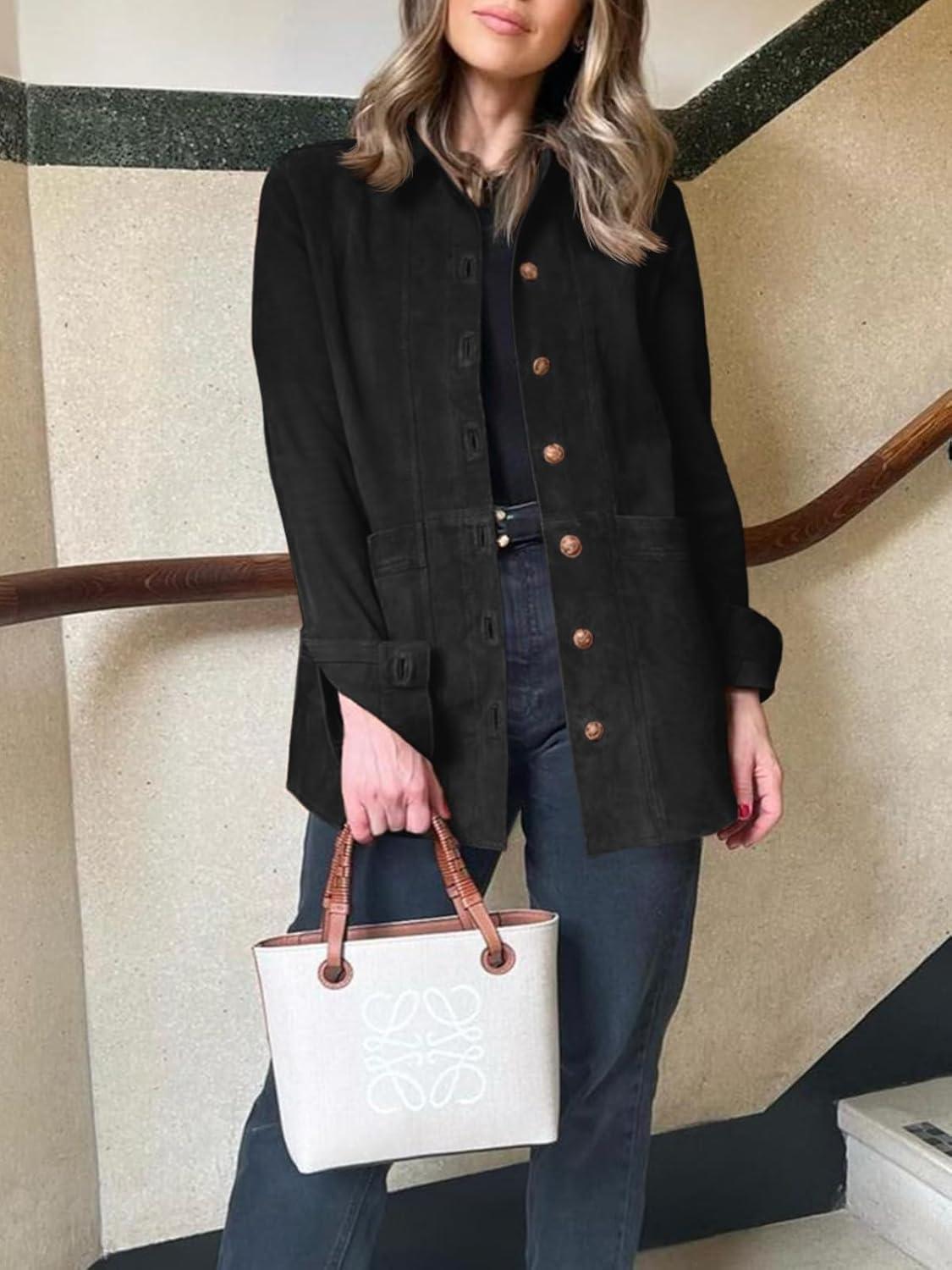 imageTankaneo Womens Faux Suede Jackets Button Down Long Sleeve Shackets Coat Trendy 2025 Spring ClothesBlack
