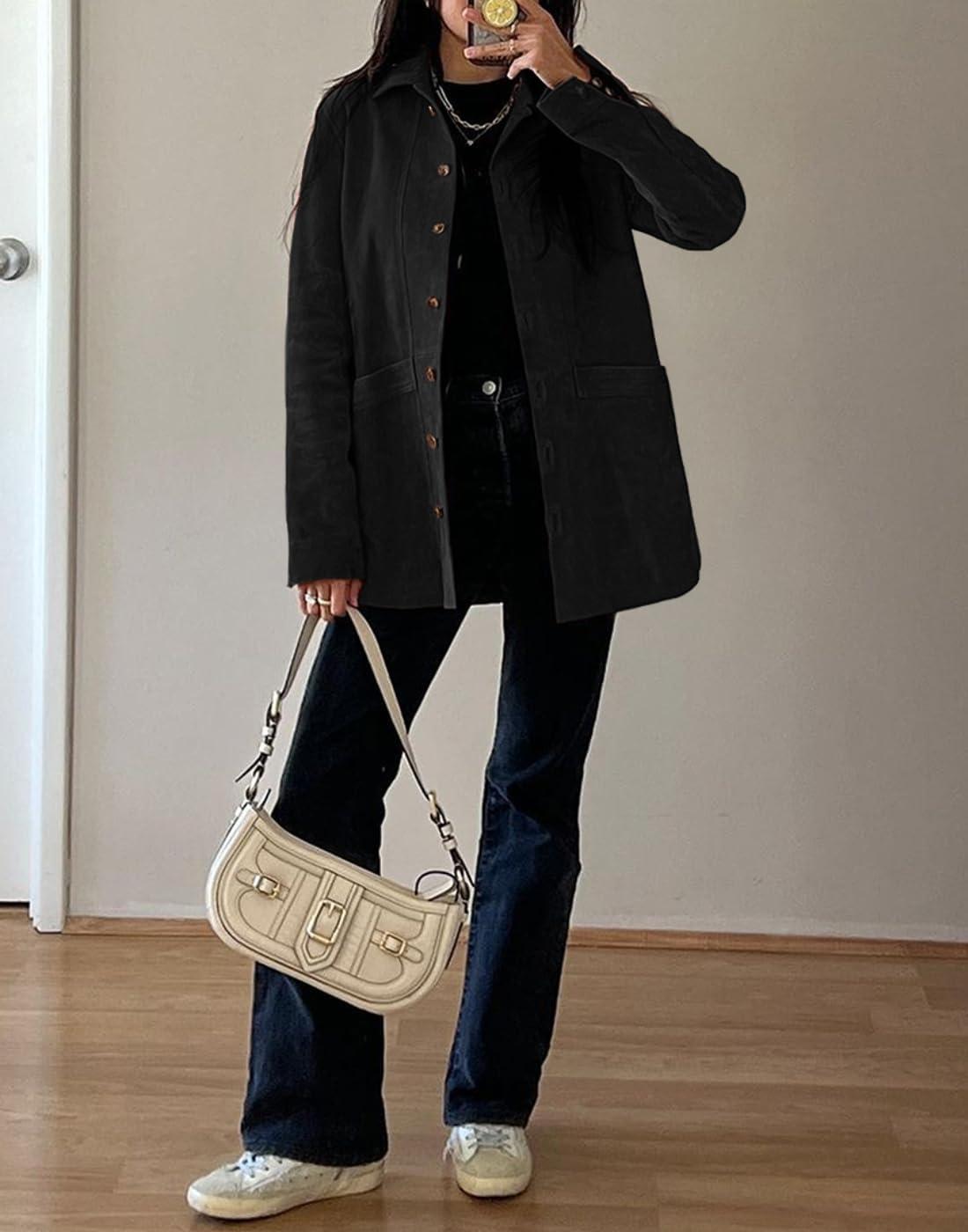 imageTankaneo Womens Faux Suede Jackets Button Down Long Sleeve Shackets Coat Trendy 2025 Spring ClothesBlack