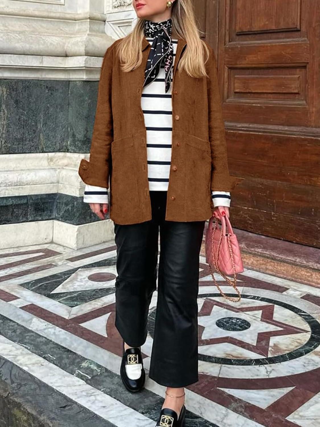 imageTankaneo Womens Faux Suede Jackets Button Down Long Sleeve Shackets Coat Trendy 2025 Spring ClothesBrown