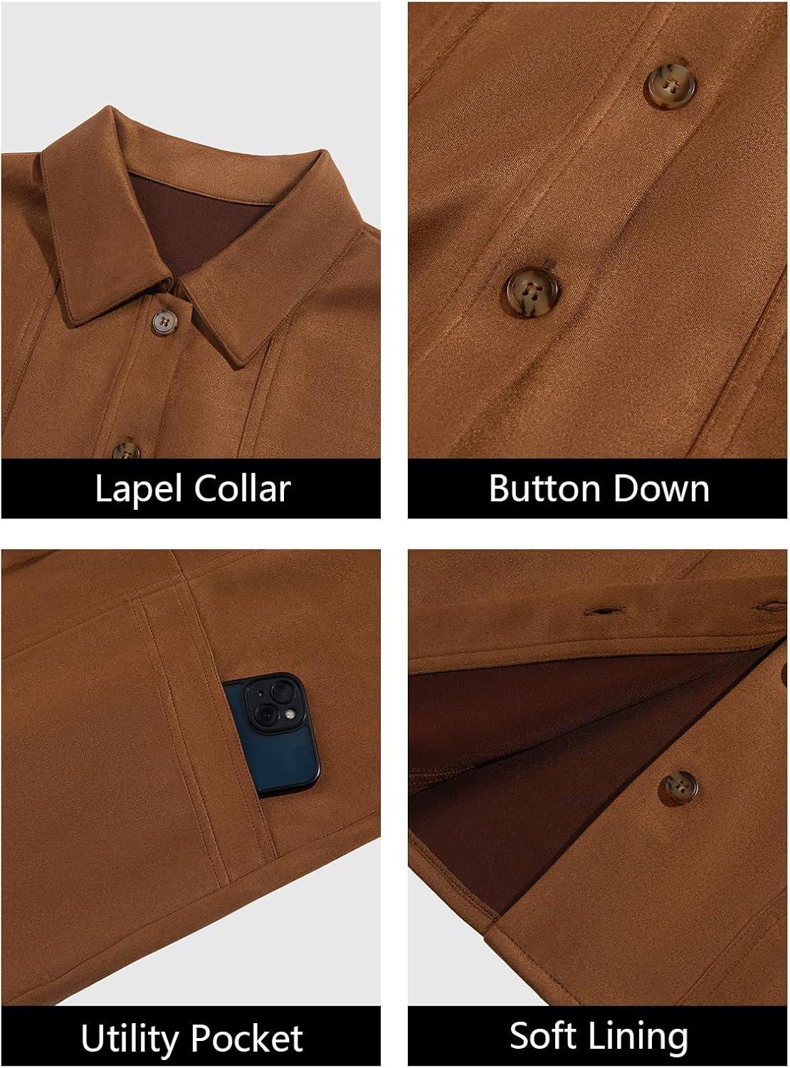 imageTankaneo Womens Faux Suede Jackets Button Down Long Sleeve Shackets Coat Trendy 2025 Spring ClothesBrown