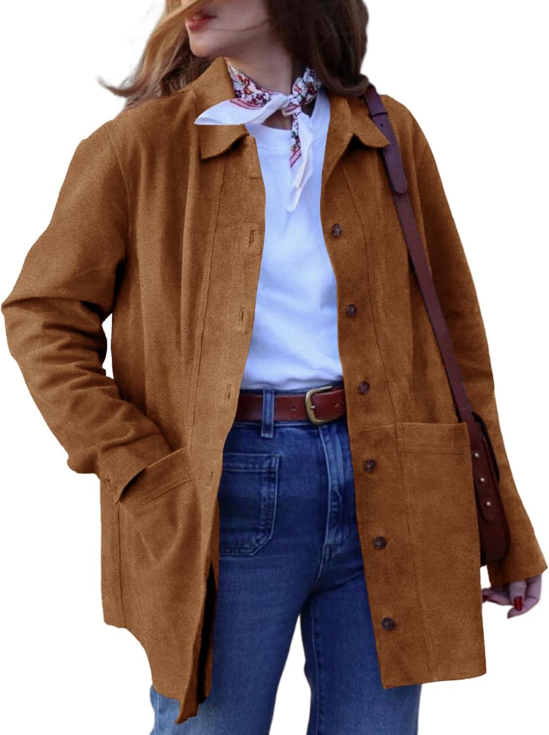 imageTankaneo Womens Faux Suede Jackets Button Down Long Sleeve Shackets Coat Trendy 2025 Spring ClothesBrown