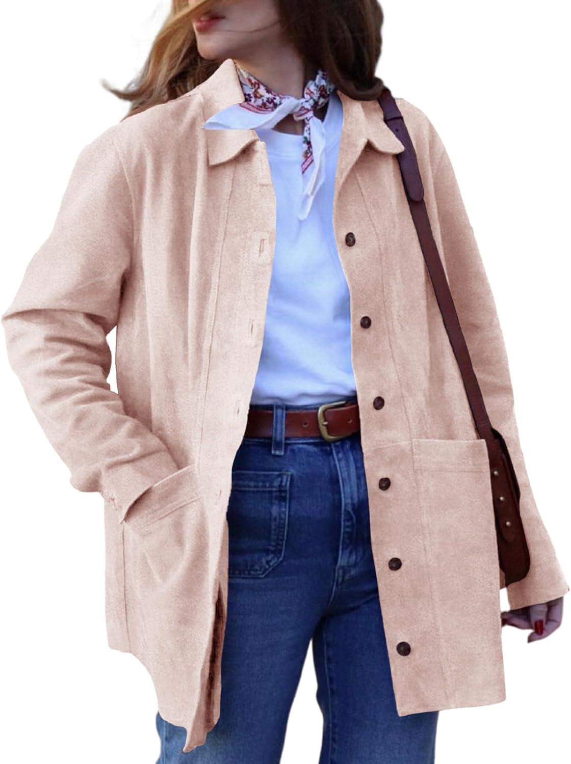 imageTankaneo Womens Faux Suede Jackets Button Down Long Sleeve Shackets Coat Trendy 2025 Spring ClothesLight Pink