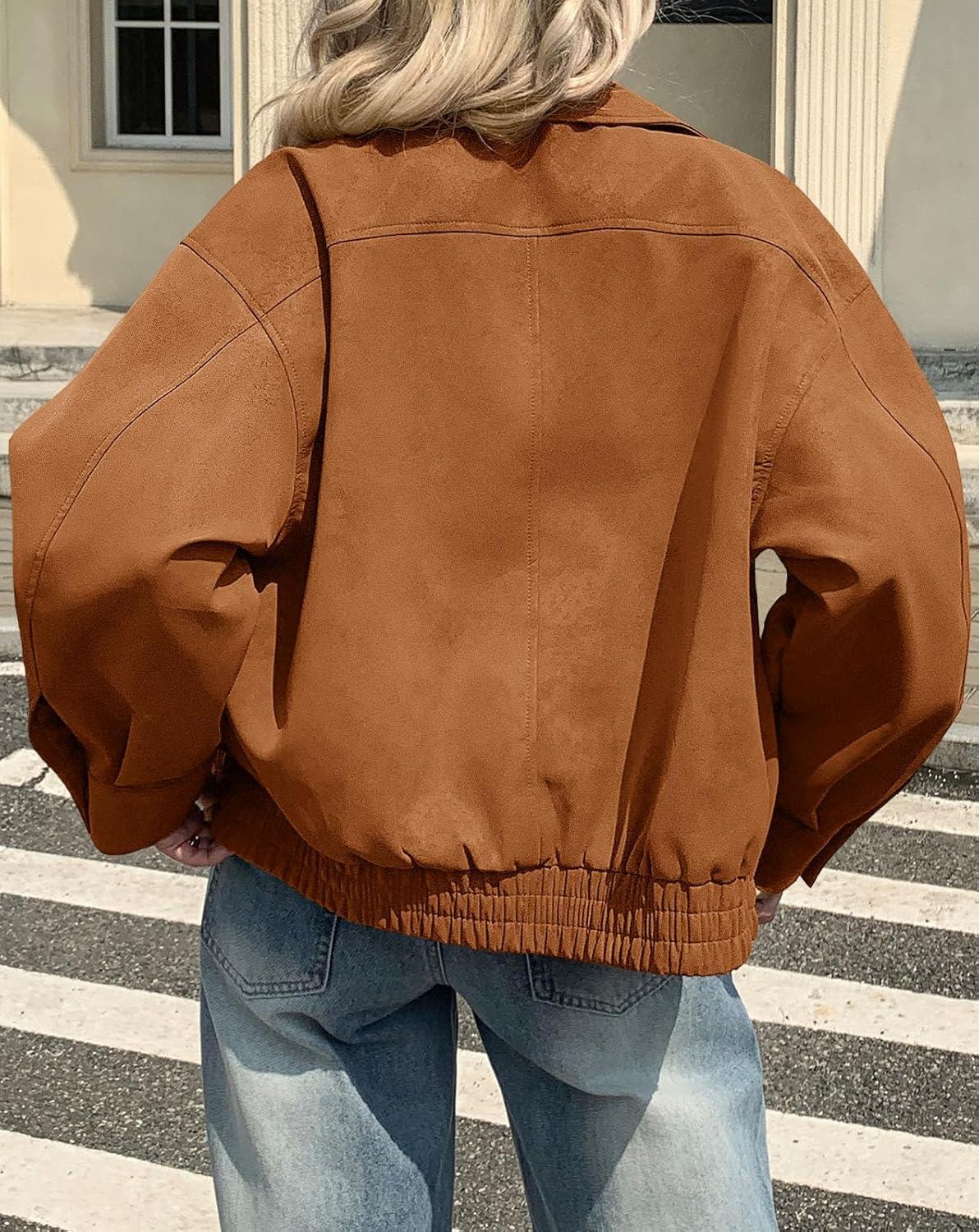imageTankaneo Womens Faux Suede Motorcycle Jackets Oversized Zip Up Bomber Coats Fall Fashion Winter OuterwearBrown