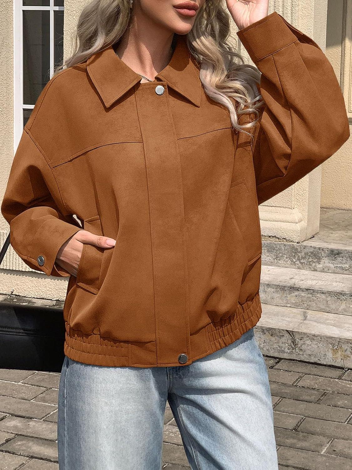 imageTankaneo Womens Faux Suede Motorcycle Jackets Oversized Zip Up Bomber Coats Fall Fashion Winter OuterwearBrown