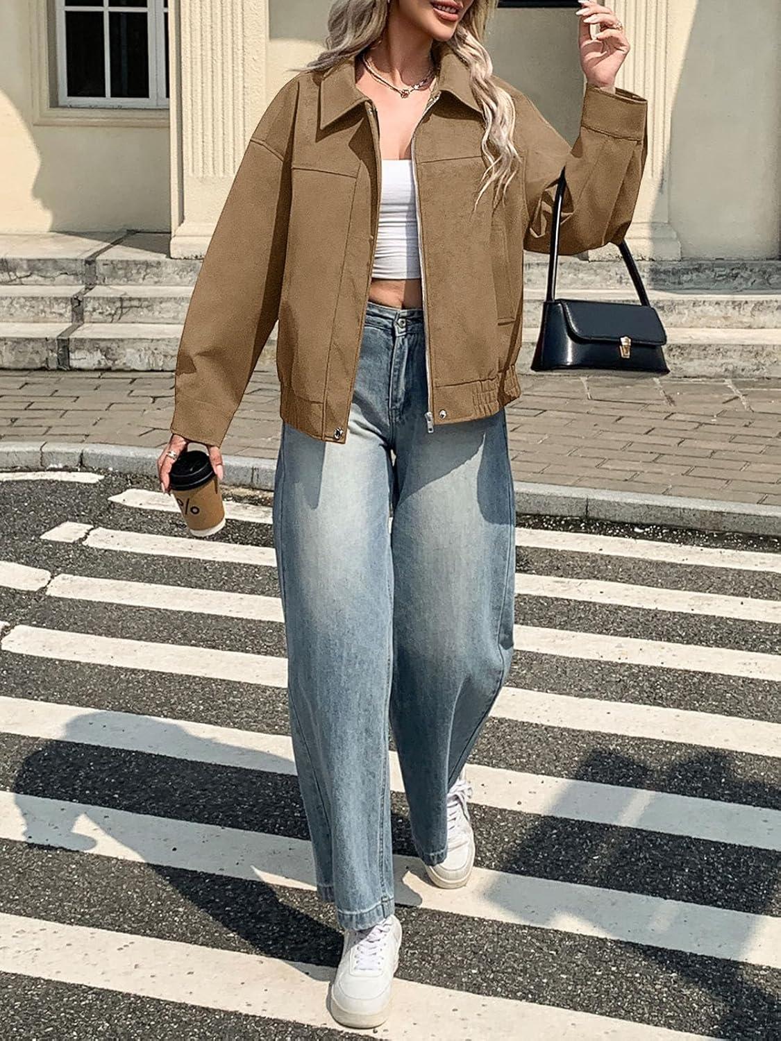 imageTankaneo Womens Faux Suede Motorcycle Jackets Oversized Zip Up Bomber Coats Fall Fashion Winter OuterwearKhaki