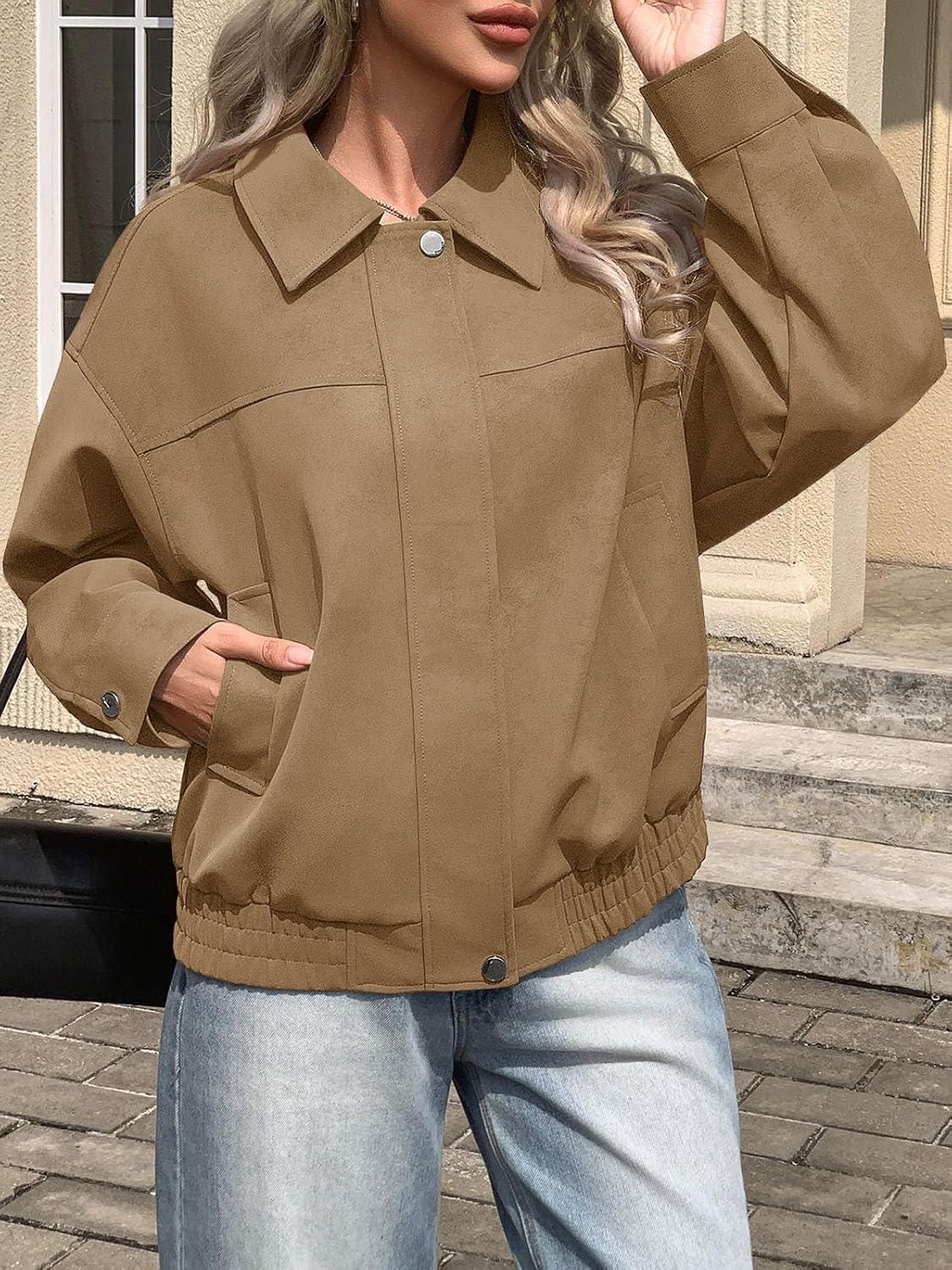 imageTankaneo Womens Faux Suede Motorcycle Jackets Oversized Zip Up Bomber Coats Fall Fashion Winter OuterwearKhaki