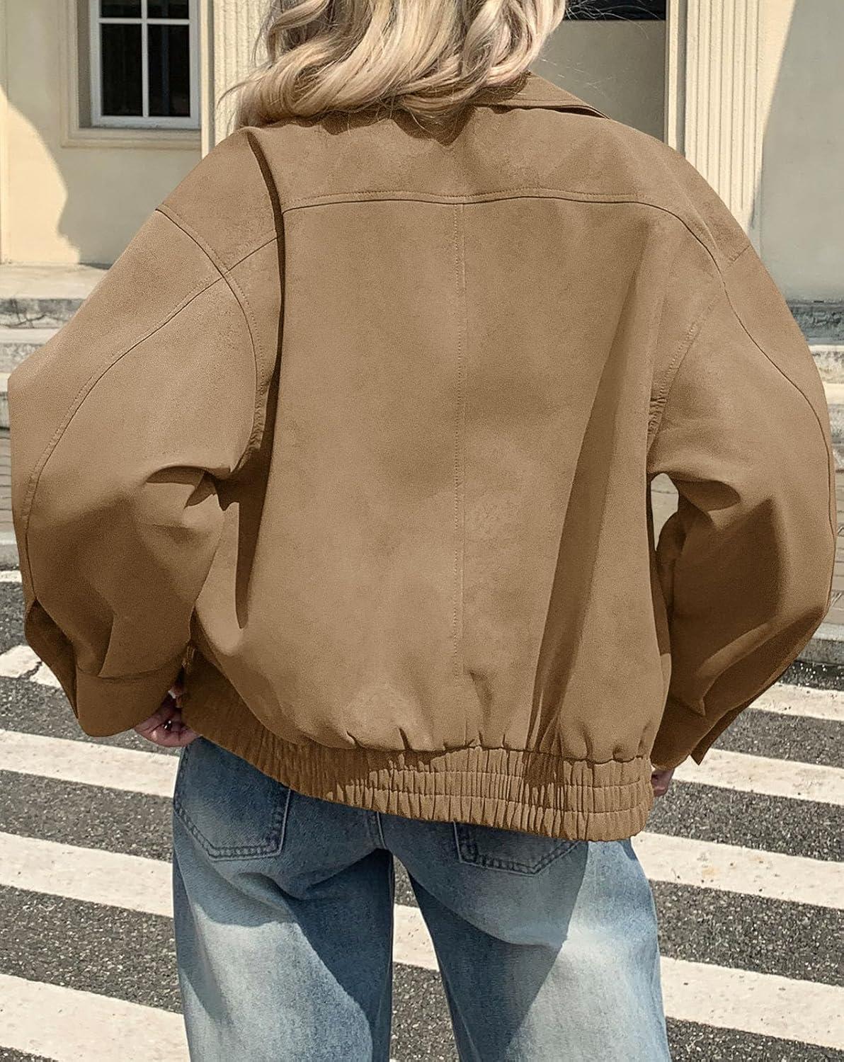 imageTankaneo Womens Faux Suede Motorcycle Jackets Oversized Zip Up Bomber Coats Fall Fashion Winter OuterwearKhaki