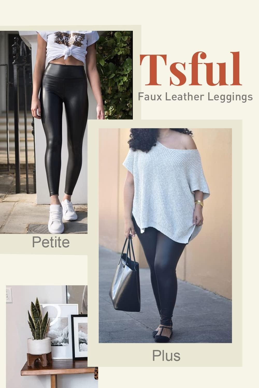 imageTsful Black Faux Leather Leggings for Women Tummy Control High Waisted Stretch Dressy Shiny Pleather PantsBlack