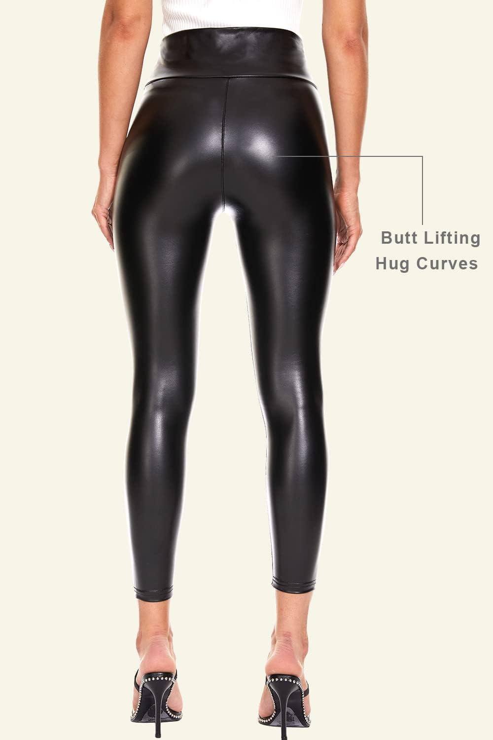 imageTsful Black Faux Leather Leggings for Women Tummy Control High Waisted Stretch Dressy Shiny Pleather PantsBlack