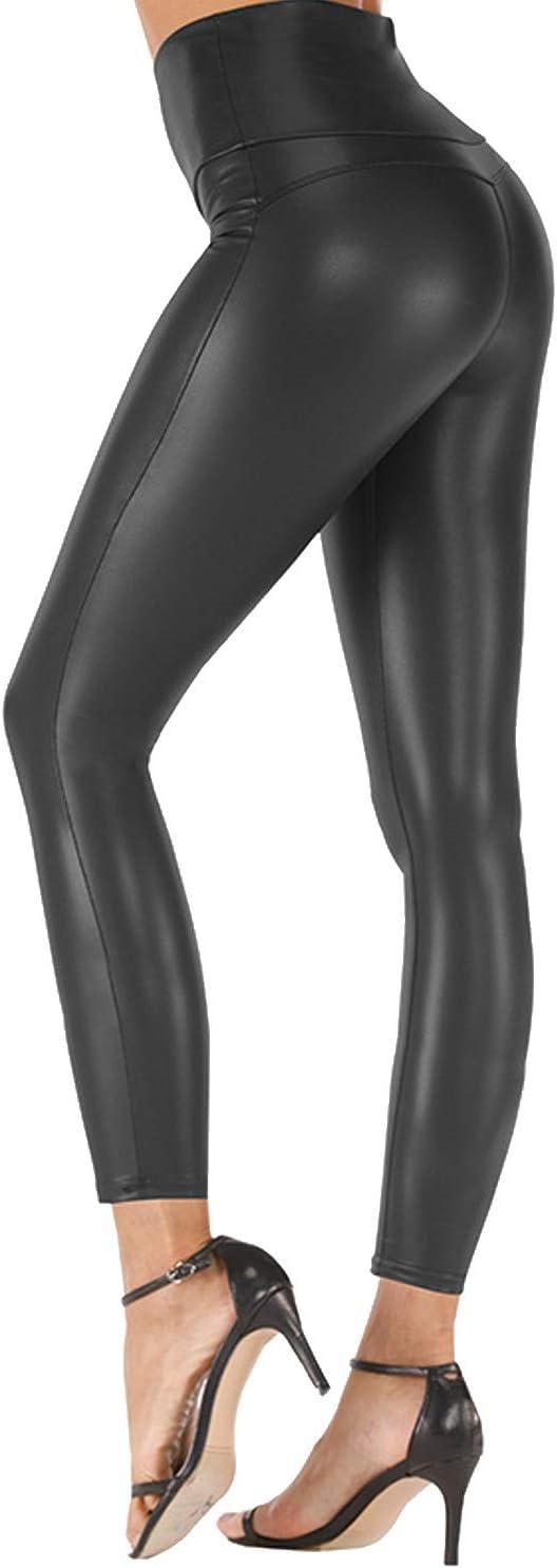 imageTulucky Stretchy High Waisted Tights Faux Leather Leggings Pants for Women Regular Plus SizeThinfleeceblack