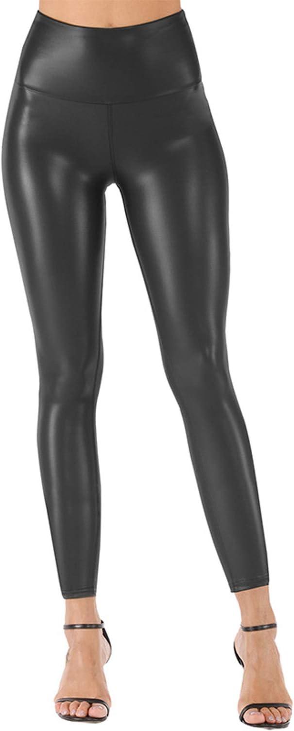 imageTulucky Stretchy High Waisted Tights Faux Leather Leggings Pants for Women Regular Plus SizeThinfleeceblack