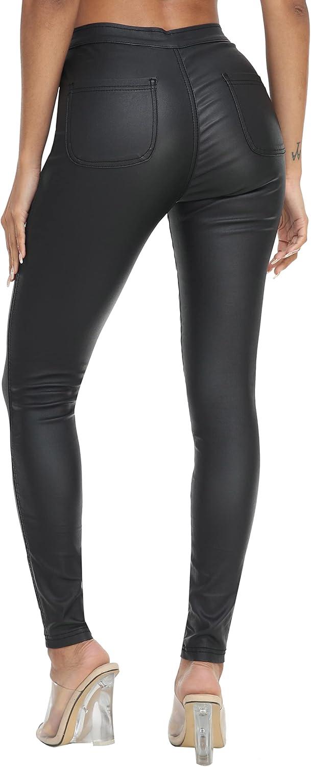 imageWAYRUNZ Womens High Waisted Pants Stretch Legging Jeans058leather Black