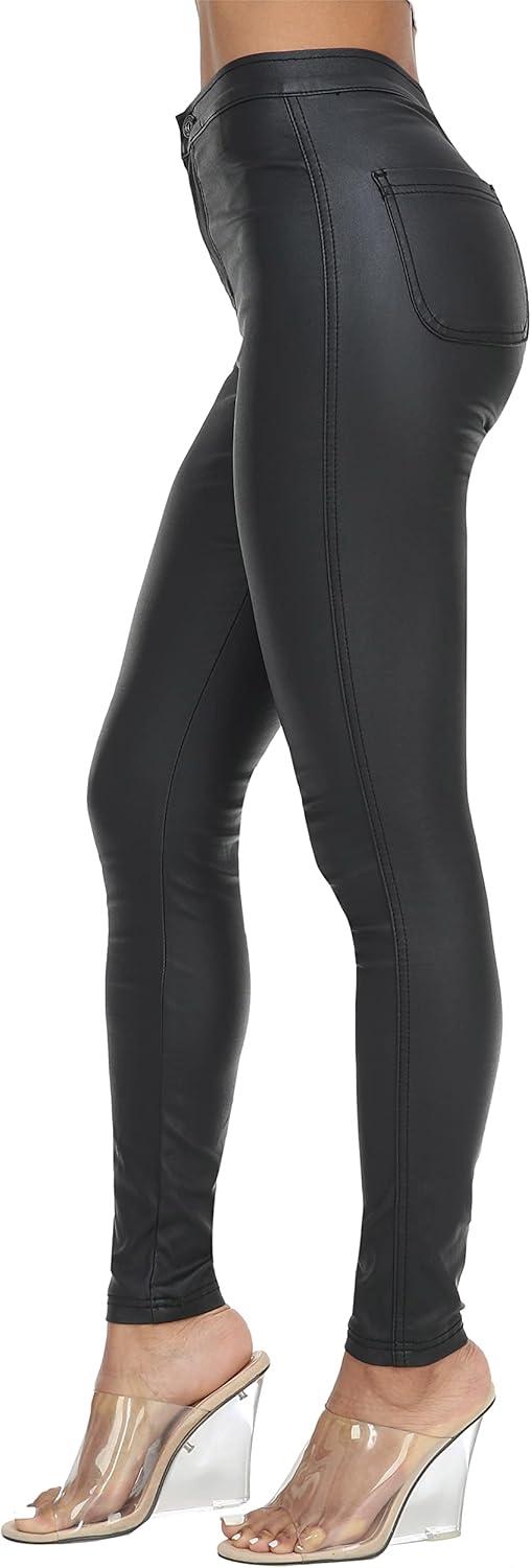 imageWAYRUNZ Womens High Waisted Pants Stretch Legging Jeans058leather Black