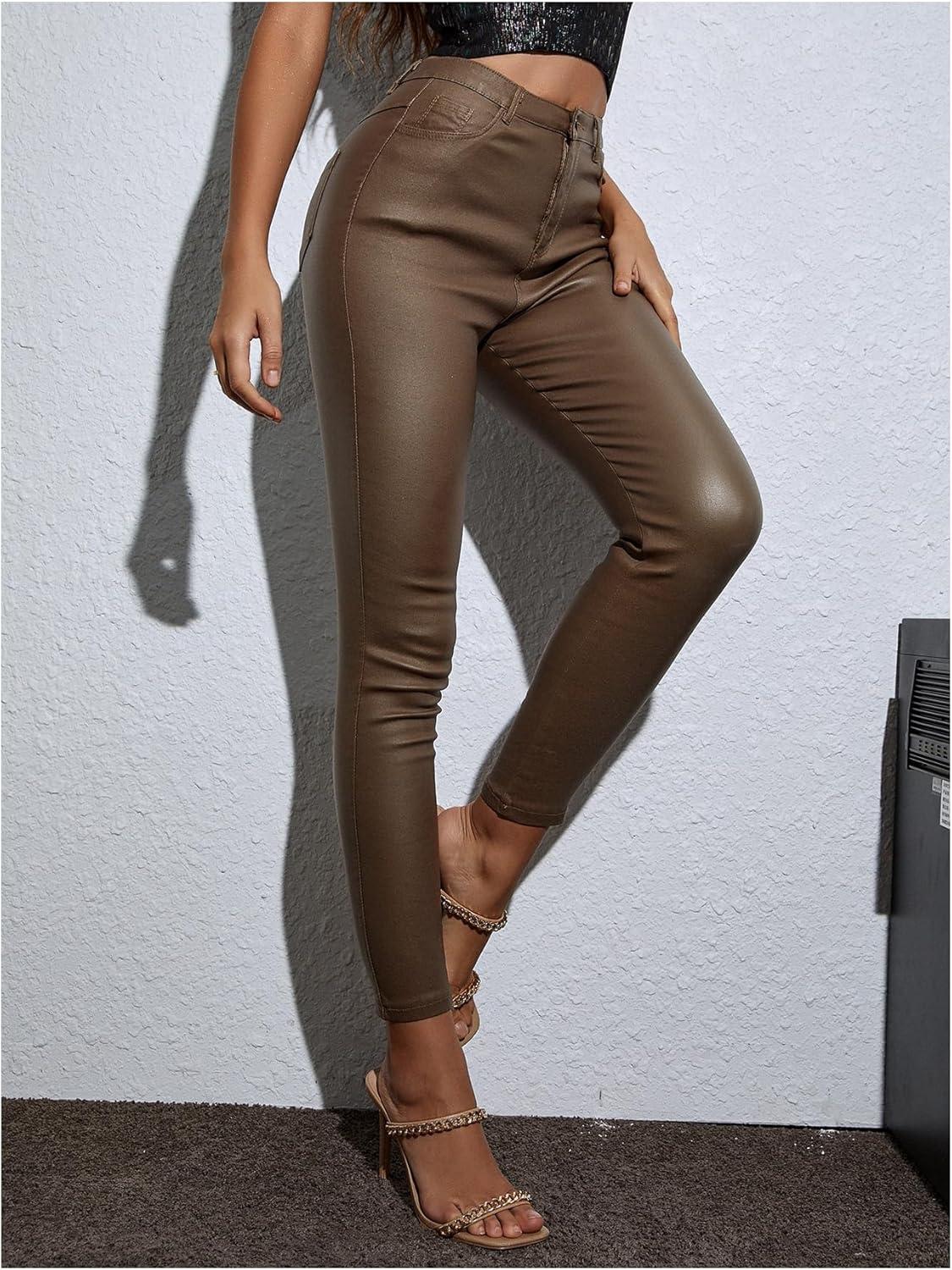 imageWDIRARA Womens High Waisted PU Leather Leggings Stretchy Skinny Pants with PocketsGinger