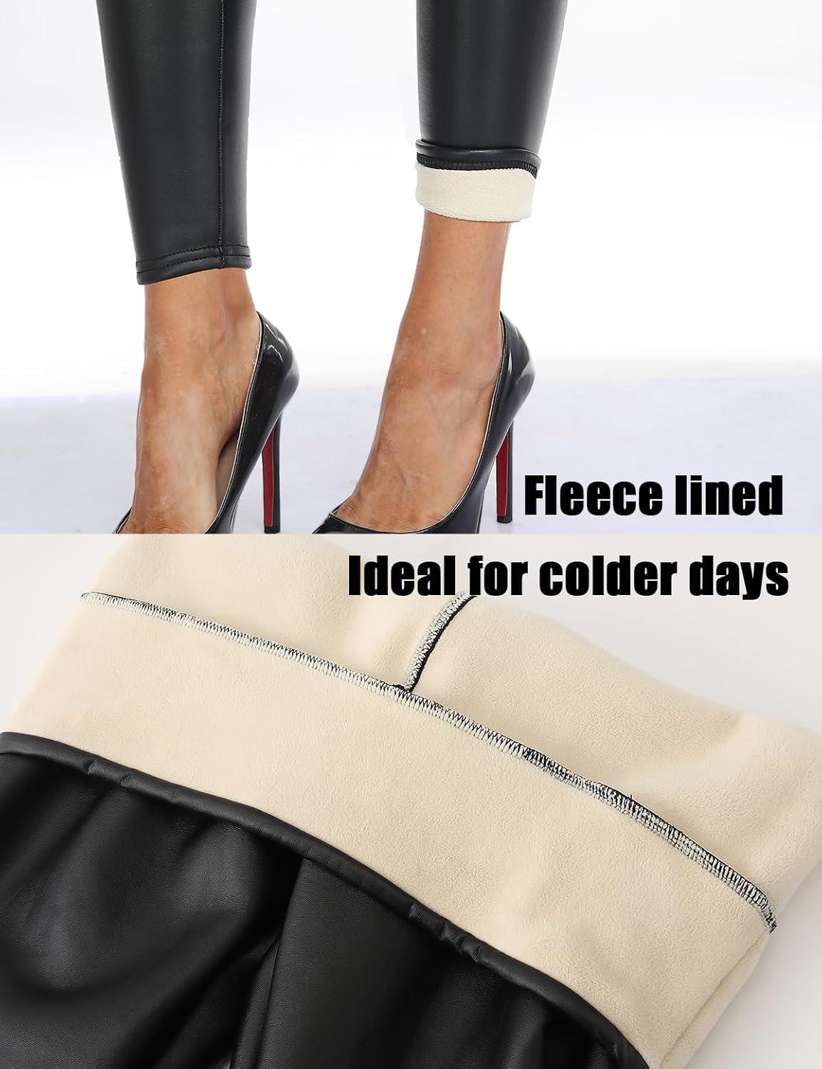 imageWomens Black Faux Leather Leggings High Waisted Fleece Lined Tights Warm PU Pleather Pants for Winter