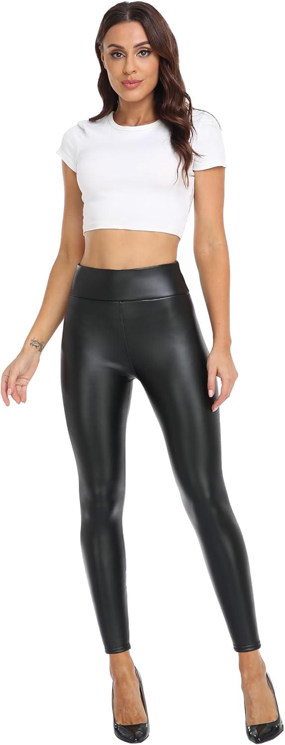 imageWomens Black Faux Leather Leggings High Waisted Fleece Lined Tights Warm PU Pleather Pants for Winter