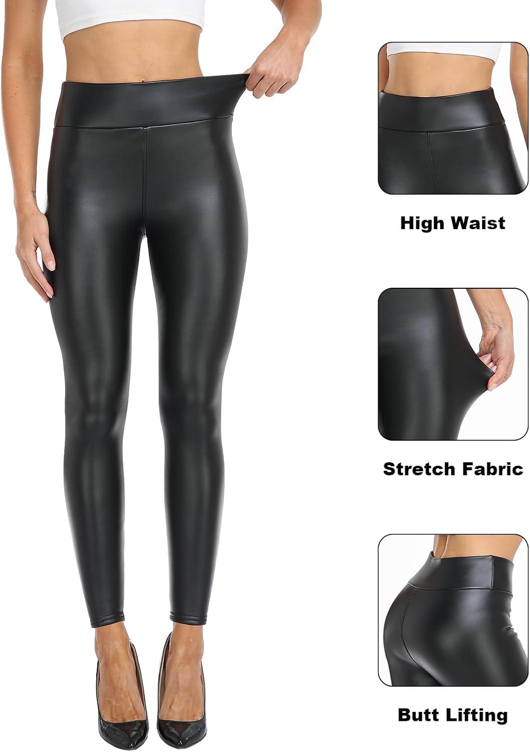 imageWomens Black Faux Leather Leggings High Waisted Fleece Lined Tights Warm PU Pleather Pants for Winter