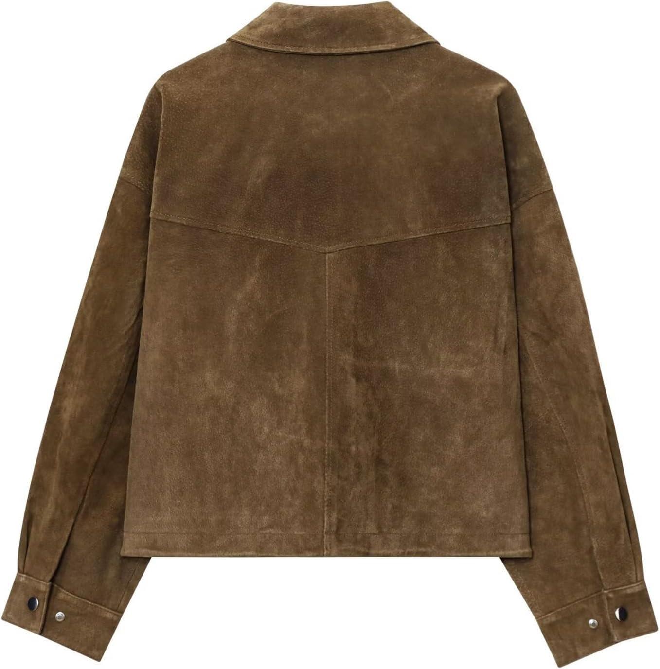 imageWomens Faux Leather Cropped Bomber Jacket Casual Vintage Zip Up Stand Collar Motorcycle Short Coat Jacket with PocketsBrown