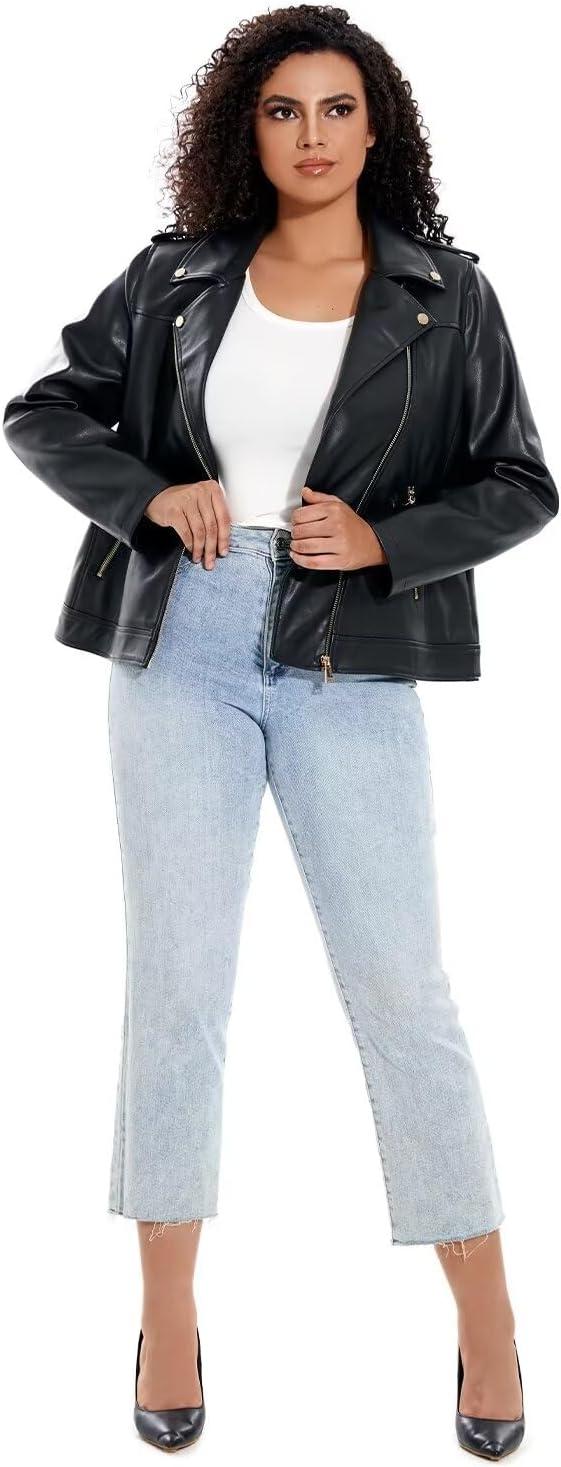 imageWomens Faux Leather Jacket Plus Size Motorcycle Biker Outwear Pu Zip Up Moto CoatBlack 101