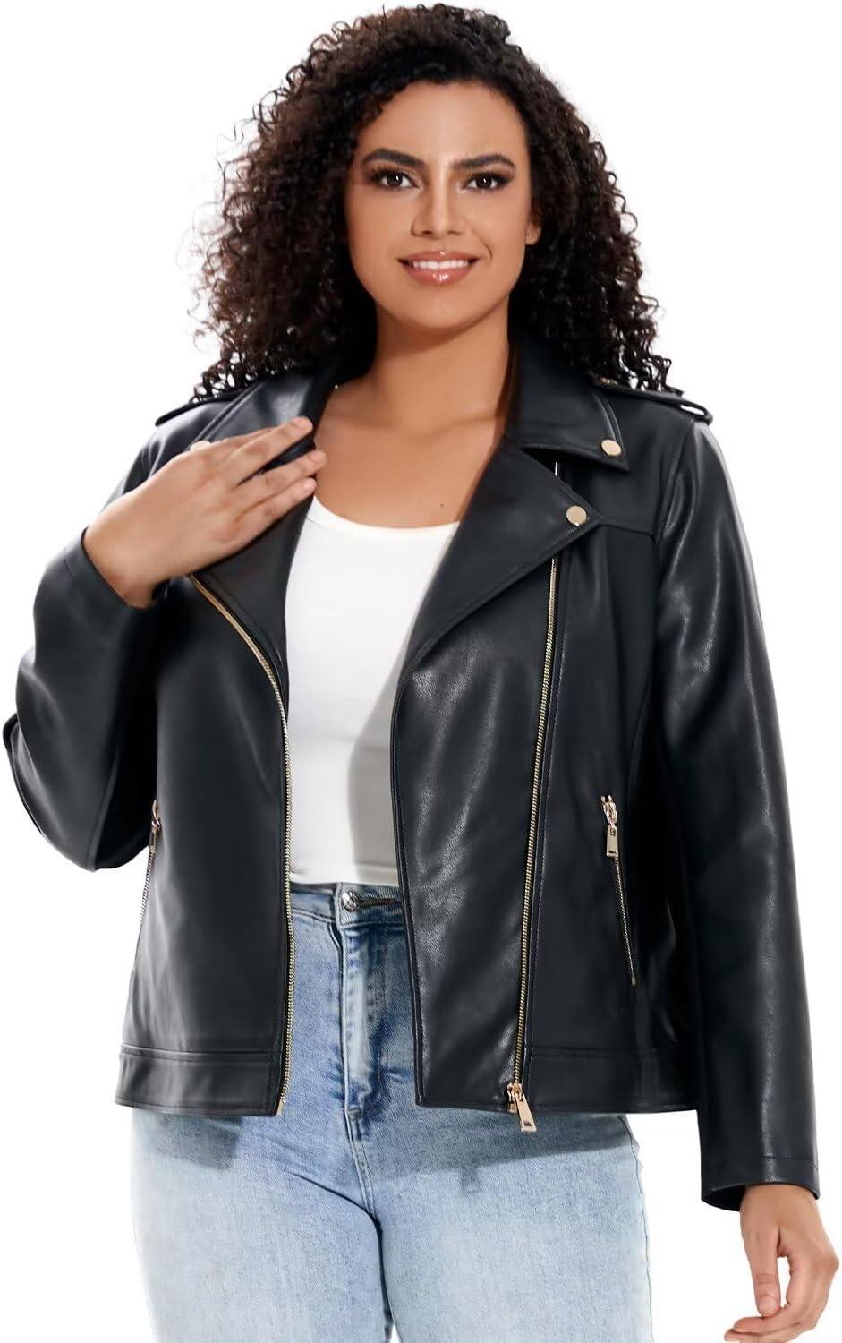 imageWomens Faux Leather Jacket Plus Size Motorcycle Biker Outwear Pu Zip Up Moto CoatBlack 101
