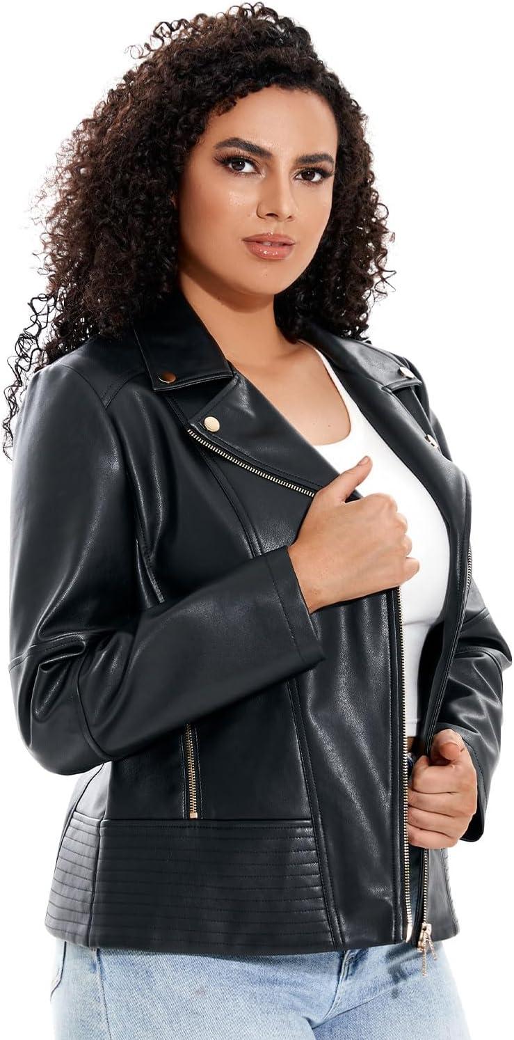 imageWomens Faux Leather Jacket Plus Size Motorcycle Biker Outwear Pu Zip Up Moto CoatBlack 145