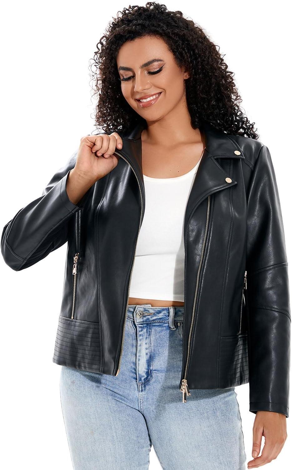 imageWomens Faux Leather Jacket Plus Size Motorcycle Biker Outwear Pu Zip Up Moto CoatBlack 145