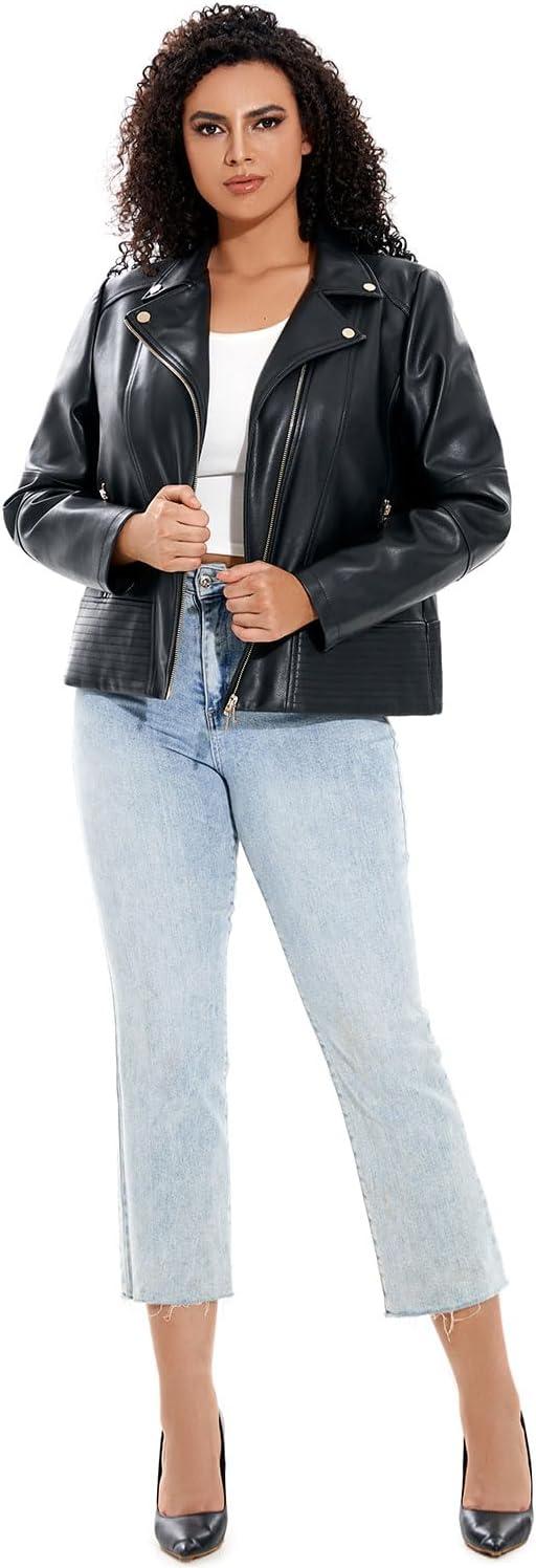 imageWomens Faux Leather Jacket Plus Size Motorcycle Biker Outwear Pu Zip Up Moto CoatBlack 145