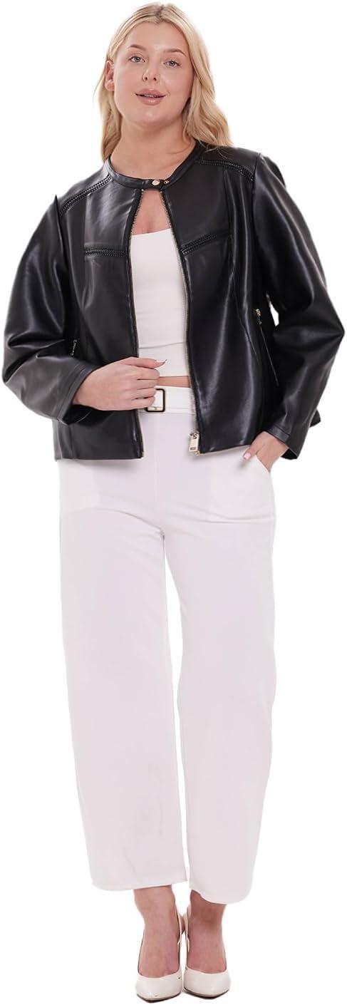 imageWomens Faux Leather Jacket Plus Size Motorcycle Biker Outwear Pu Zip Up Moto CoatBlack 154