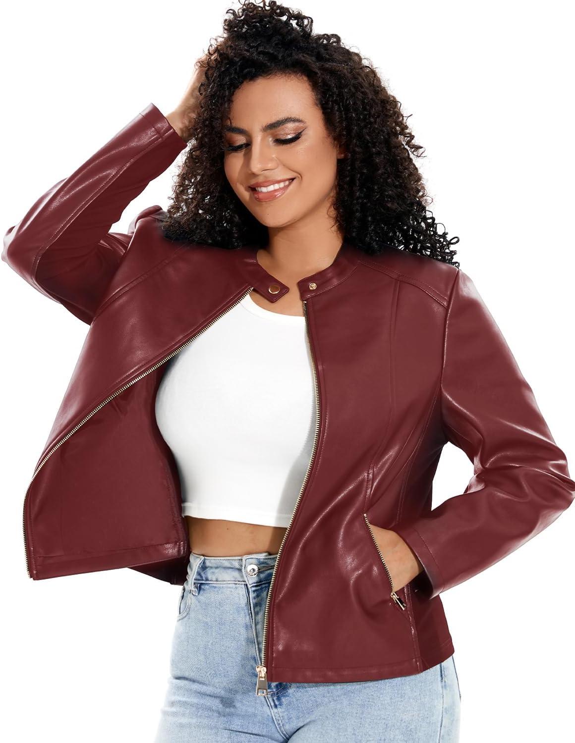 imageWomens Faux Leather Jacket Plus Size Motorcycle Biker Outwear Pu Zip Up Moto CoatWine Red 102