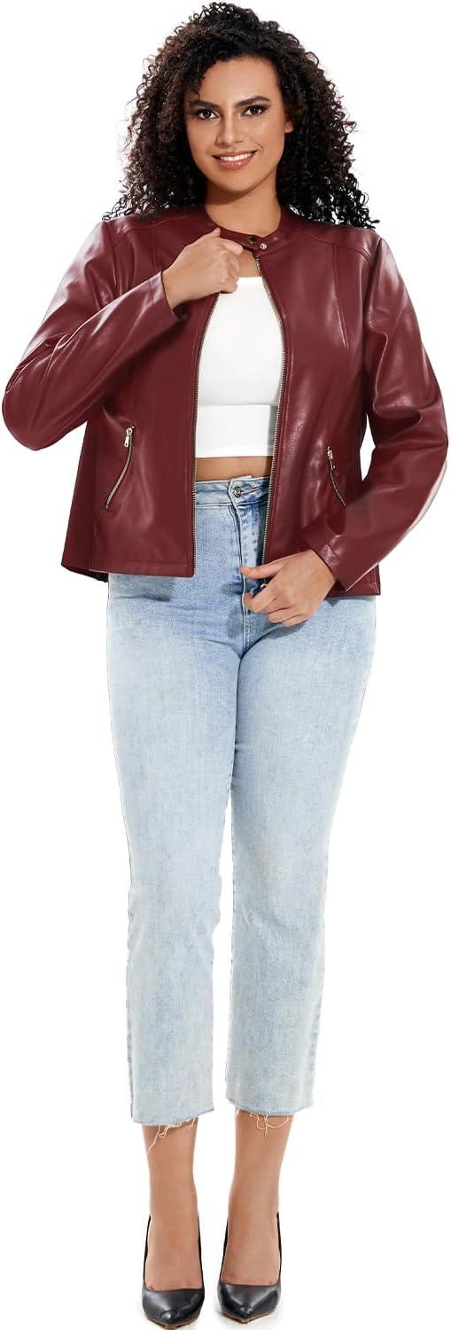 imageWomens Faux Leather Jacket Plus Size Motorcycle Biker Outwear Pu Zip Up Moto CoatWine Red 102