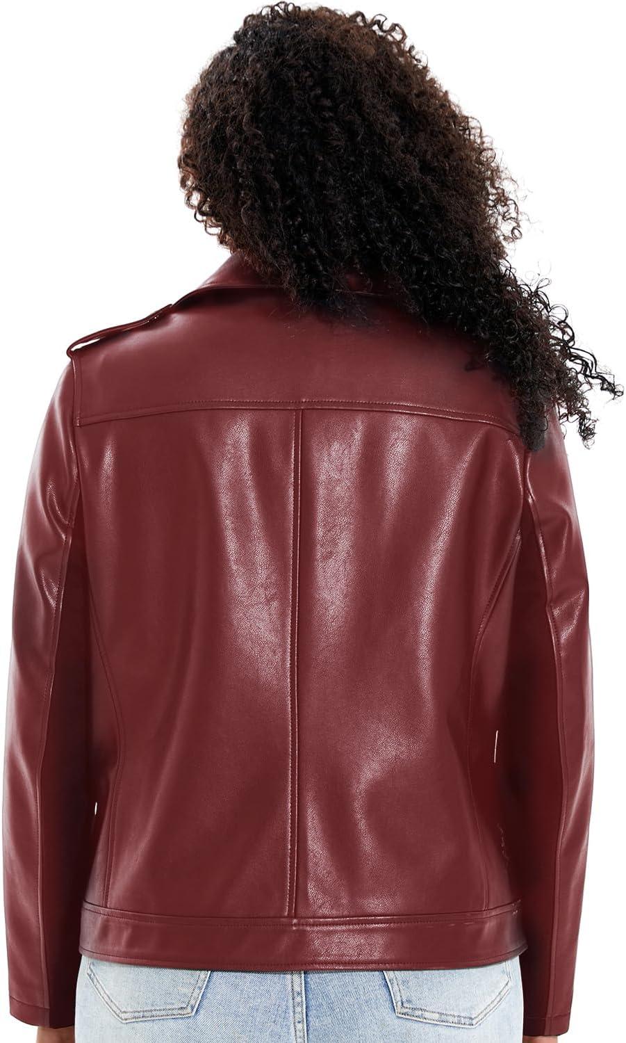 imageWomens Faux Leather Jacket Plus Size Motorcycle Biker Outwear Pu Zip Up Moto CoatWine Red 102