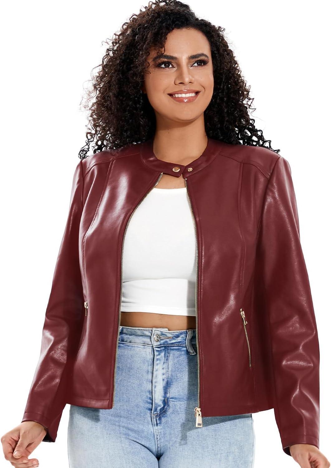 imageWomens Faux Leather Jacket Plus Size Motorcycle Biker Outwear Pu Zip Up Moto CoatWine Red 102