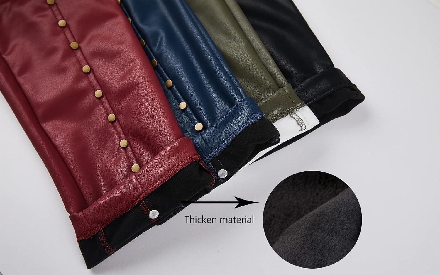 imageWomens Faux Leather Leggings Gothic Punk Skinny PU Leather Pants Mid Rise Novelty Studded Tight PantsBlack