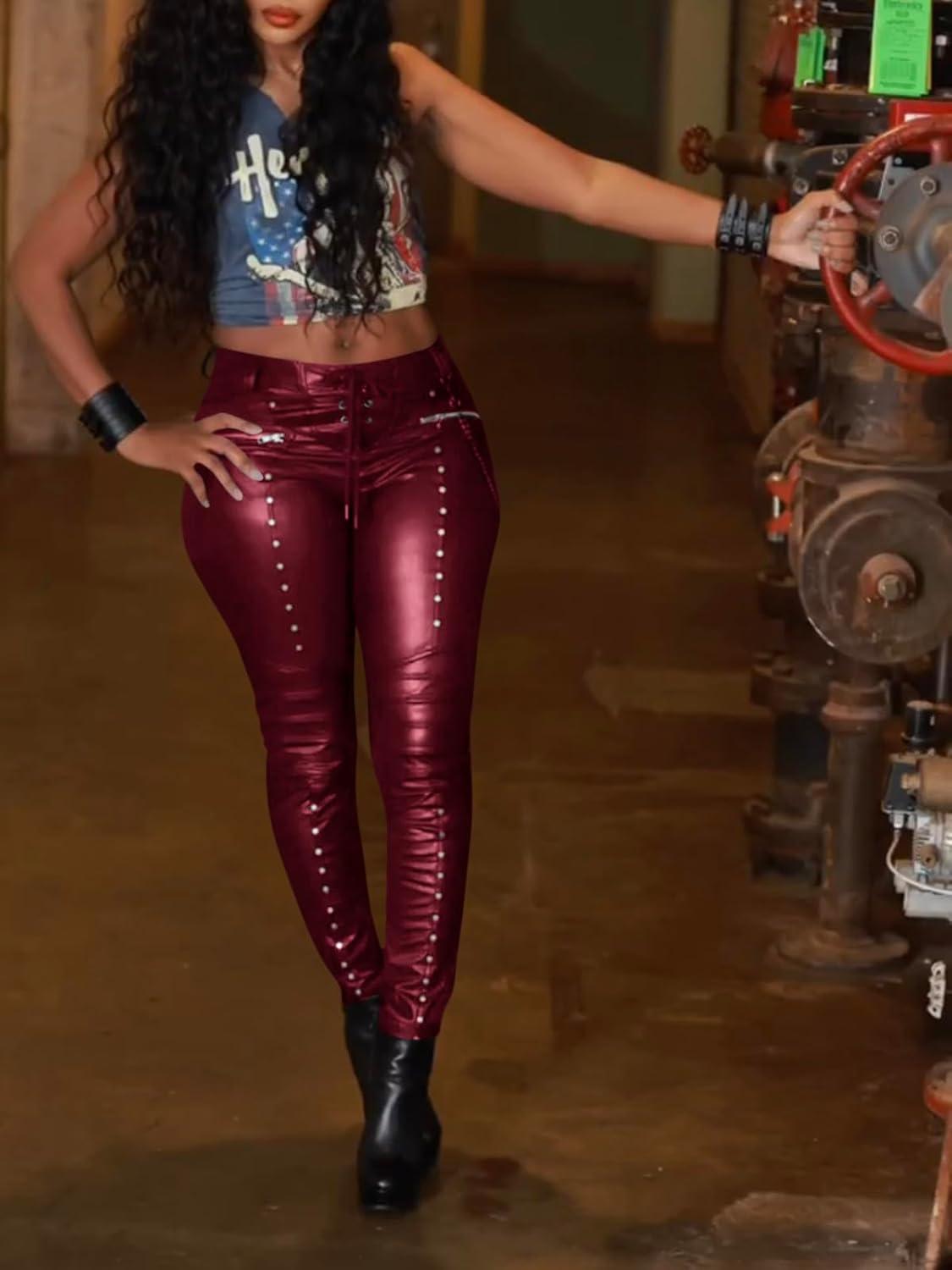 imageWomens Faux Leather Leggings Gothic Punk Skinny PU Leather Pants Mid Rise Novelty Studded Tight PantsRed