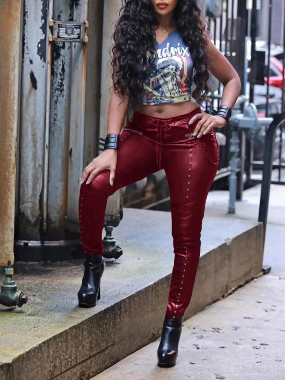 imageWomens Faux Leather Leggings Gothic Punk Skinny PU Leather Pants Mid Rise Novelty Studded Tight PantsRed