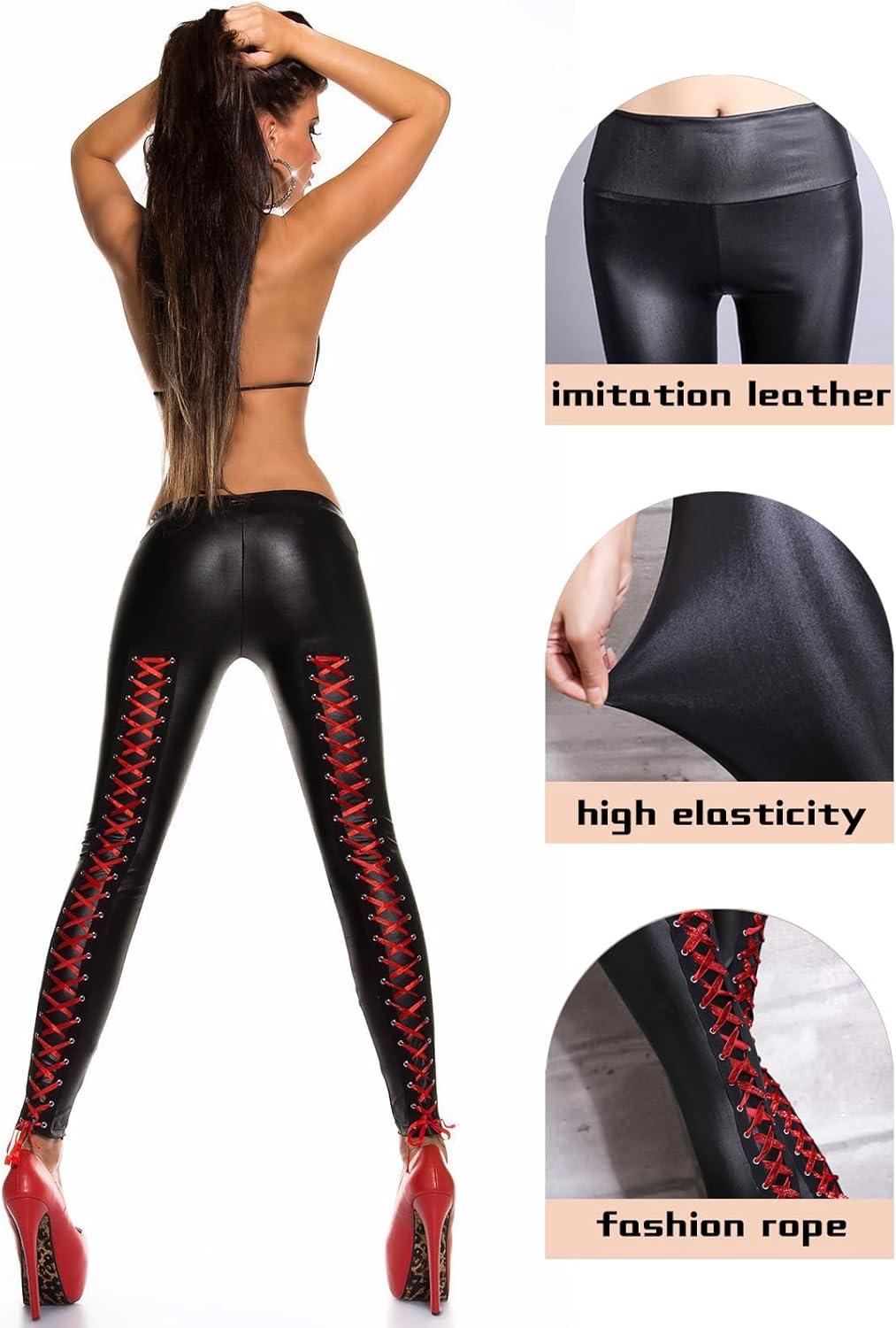 imageWomens Faux Leather Leggings Stretchy High Waisted Faux Leather PantsSexy Legging Cuir Femme Pleather Leggings with LaceUp BackOne Size Black