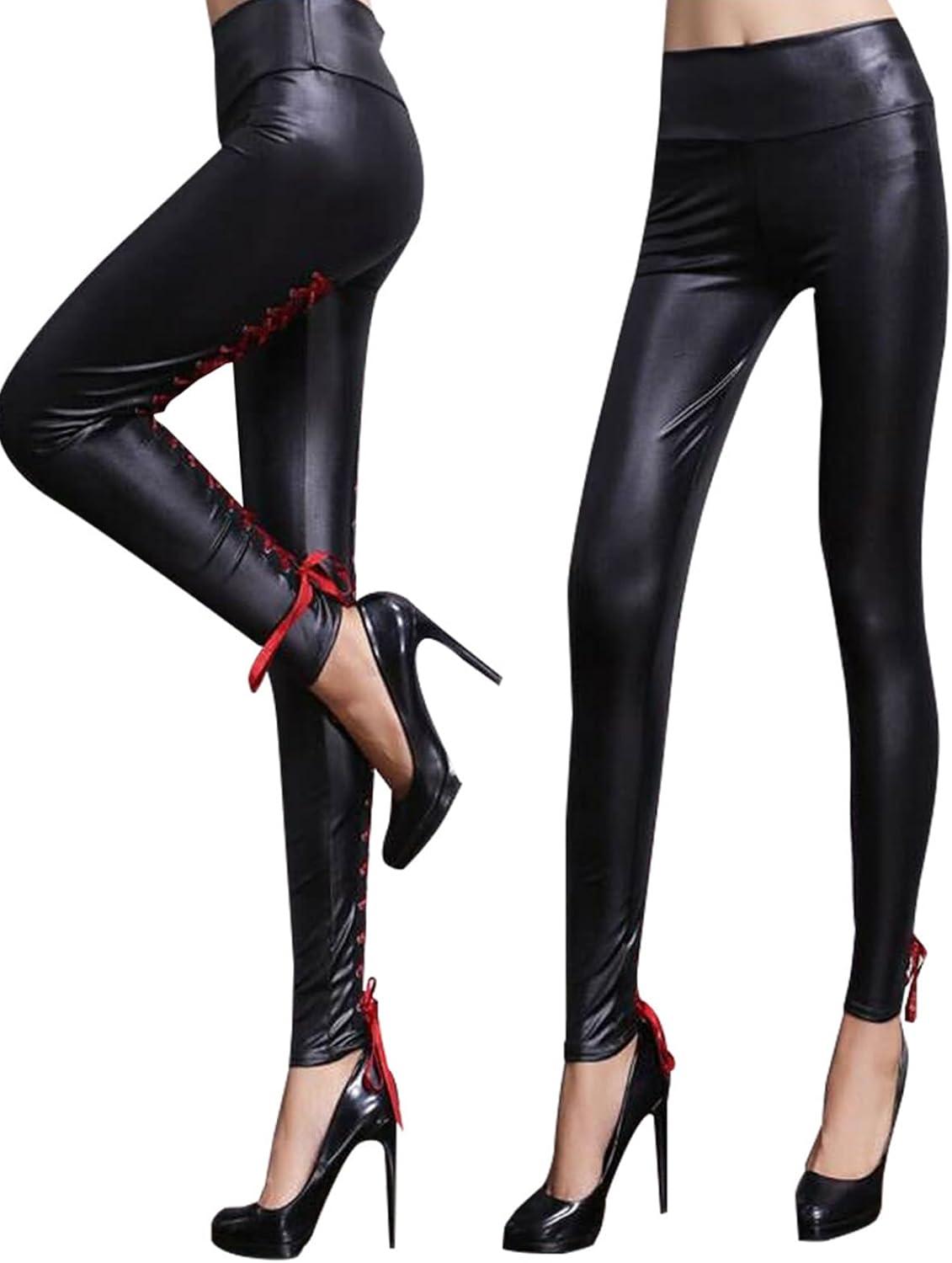 imageWomens Faux Leather Leggings Stretchy High Waisted Faux Leather PantsSexy Legging Cuir Femme Pleather Leggings with LaceUp BackOne Size Black