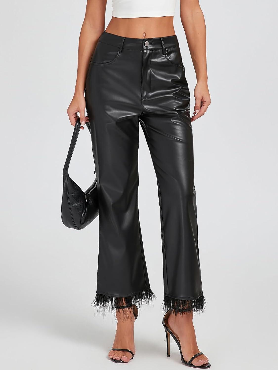 imageWomens Faux Leather Pants with Feather Hem Mid Rise Wide Legging Straight Pants with PocketsBlack