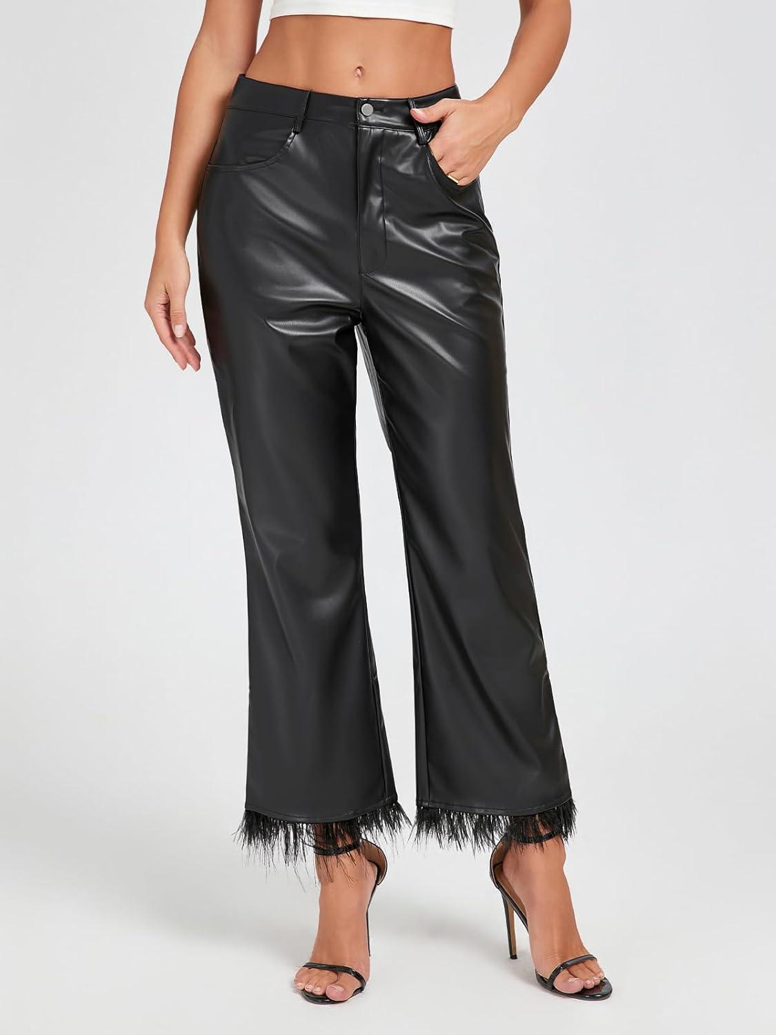 imageWomens Faux Leather Pants with Feather Hem Mid Rise Wide Legging Straight Pants with PocketsBlack