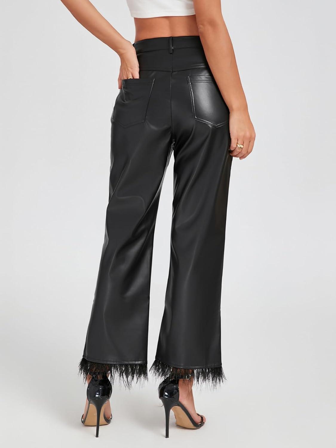 imageWomens Faux Leather Pants with Feather Hem Mid Rise Wide Legging Straight Pants with PocketsBlack