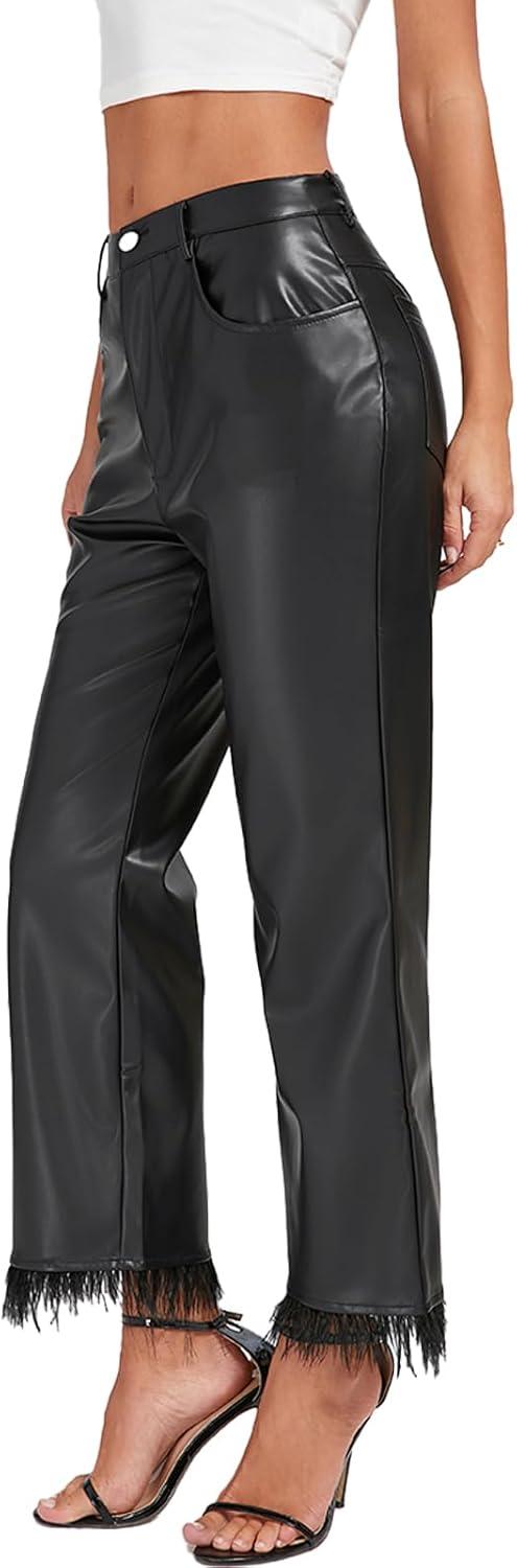 imageWomens Faux Leather Pants with Feather Hem Mid Rise Wide Legging Straight Pants with PocketsBlack