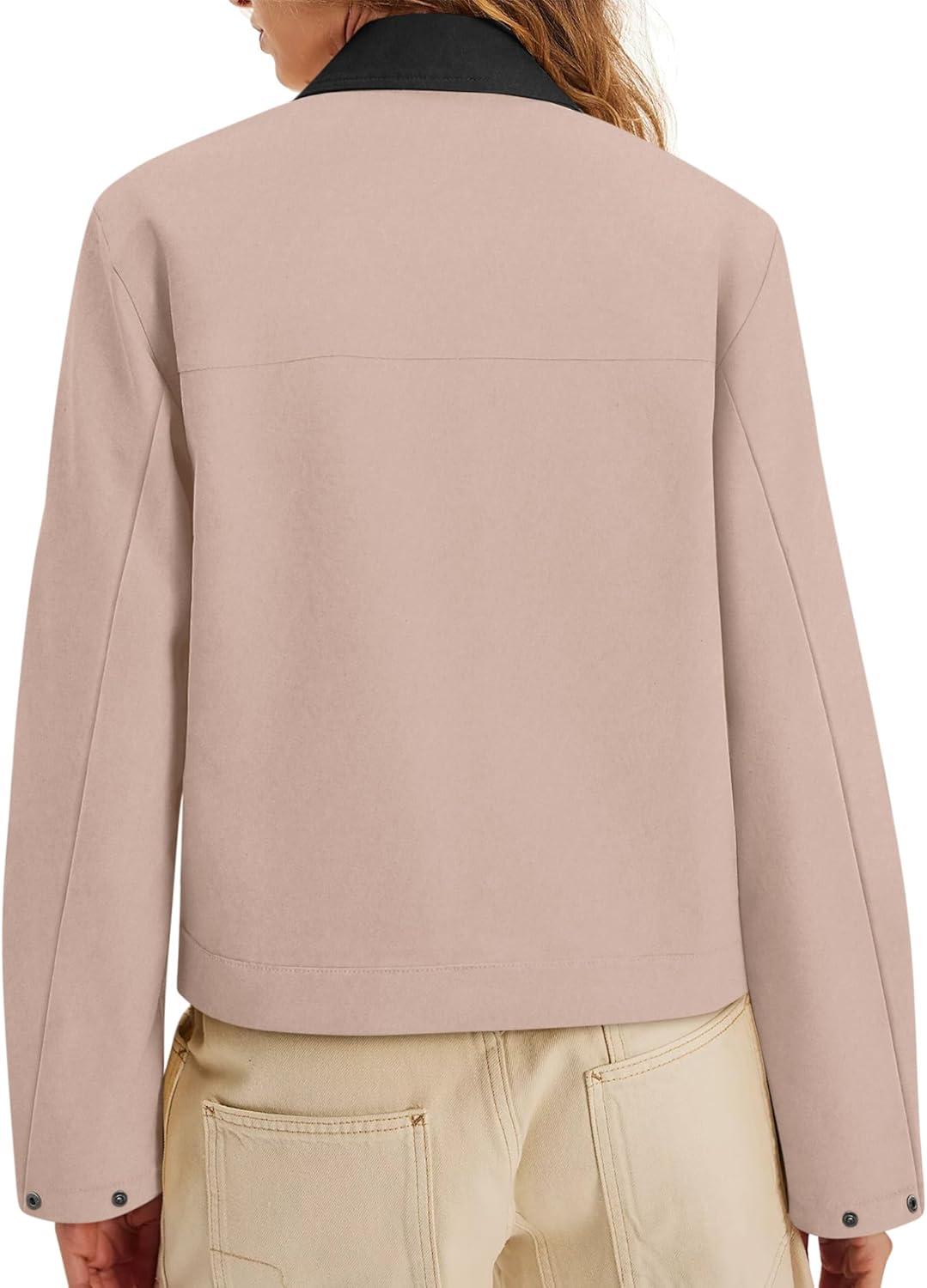 imageWomens Faux Suede Cropped Jacket Casual Zip Up Jackets Contrast Collar Fleece Winter Coats Outerwear with PocketsApricot Pink