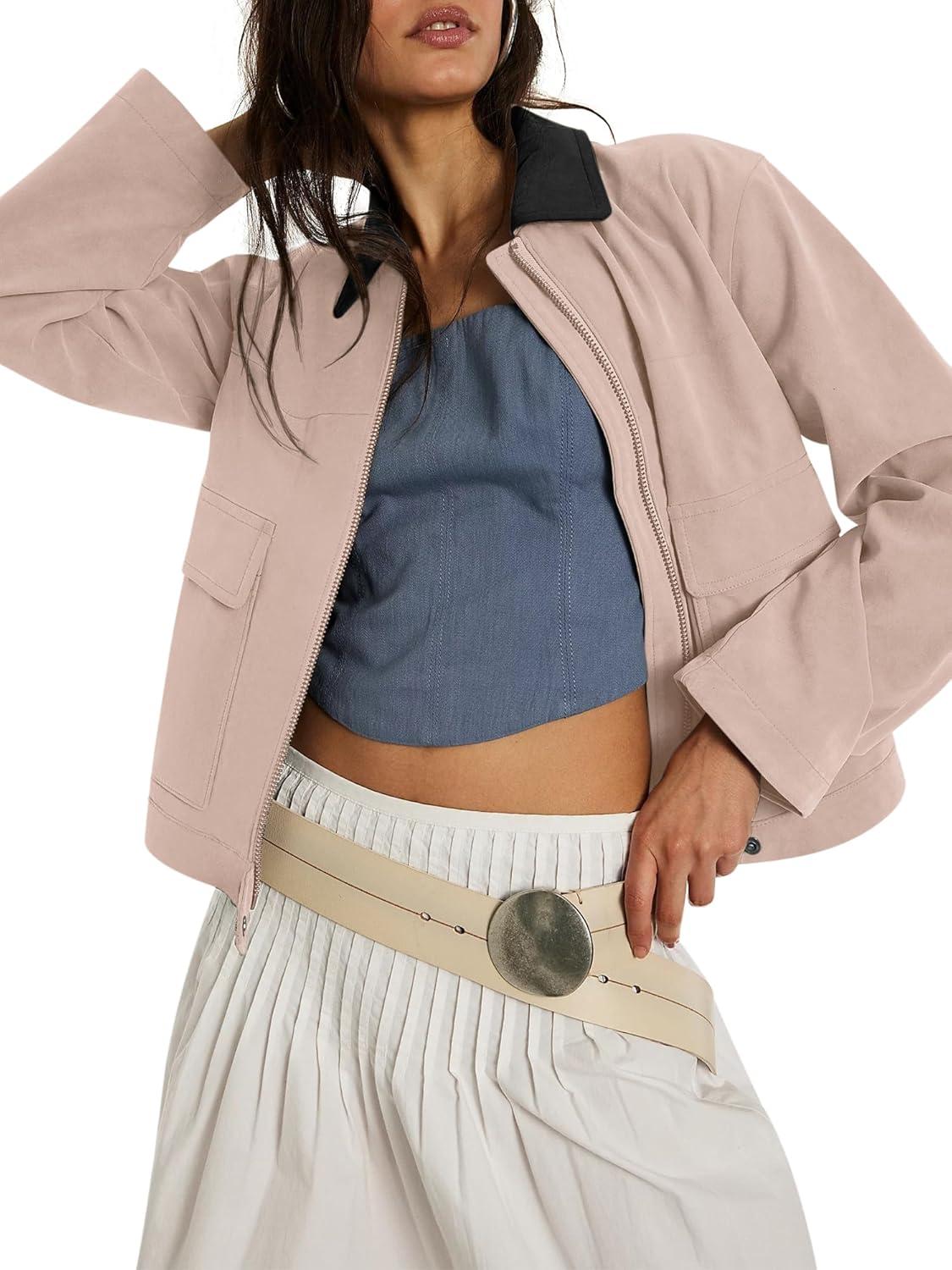 imageWomens Faux Suede Cropped Jacket Casual Zip Up Jackets Contrast Collar Fleece Winter Coats Outerwear with PocketsApricot Pink